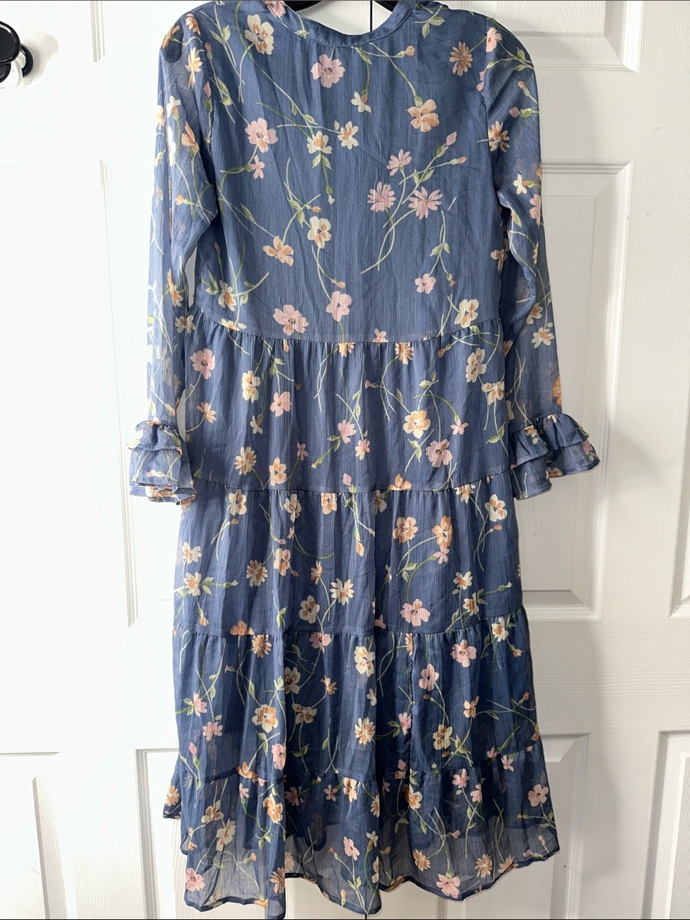Patrons of Peace Blue Floral Tiered Midi Dress with Pink & Cream Accents - Picture 7 of 7